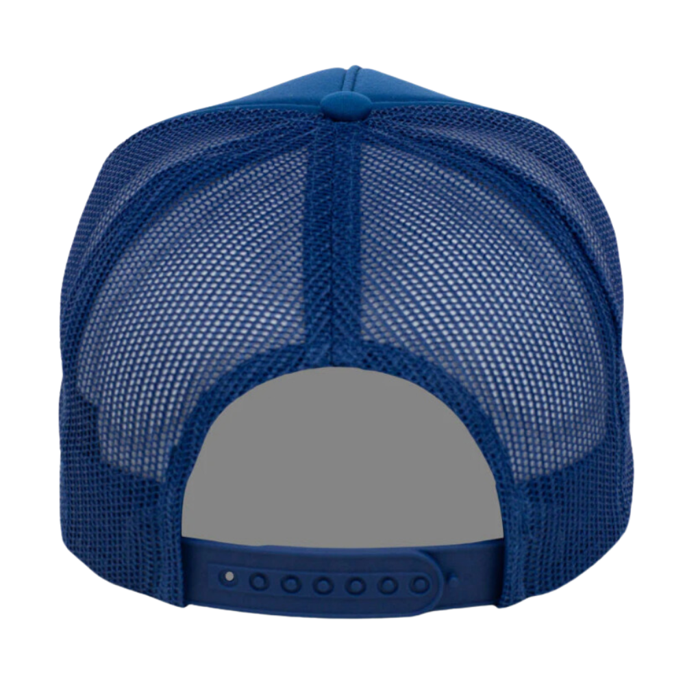 Wholesale 5 Panel Foam Trucker Hat Blue Embroidered Logo on Front Side Breathable Mesh Adjustable Single Row Buckle High Quality 6