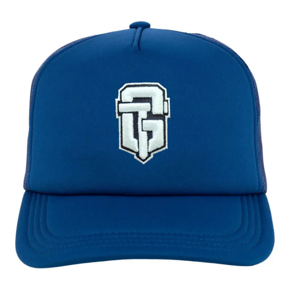 Wholesale 5 Panel Foam Trucker Hat Blue Embroidered Logo on Front Side Breathable Mesh Adjustable Single Row Buckle High Quality 2