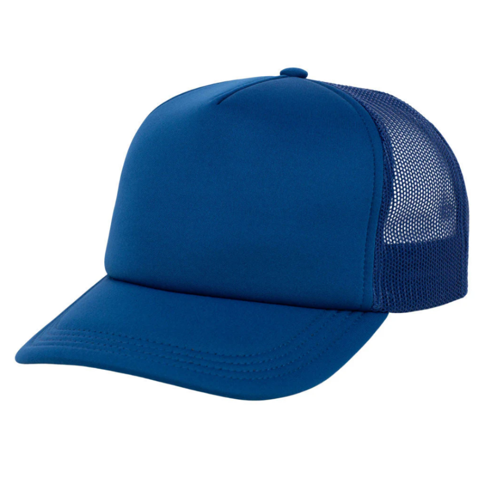 Wholesale 5 Panel Foam Trucker Hat Blue Embroidered Logo on Front Side Breathable Mesh Adjustable Single Row Buckle High Quality 4