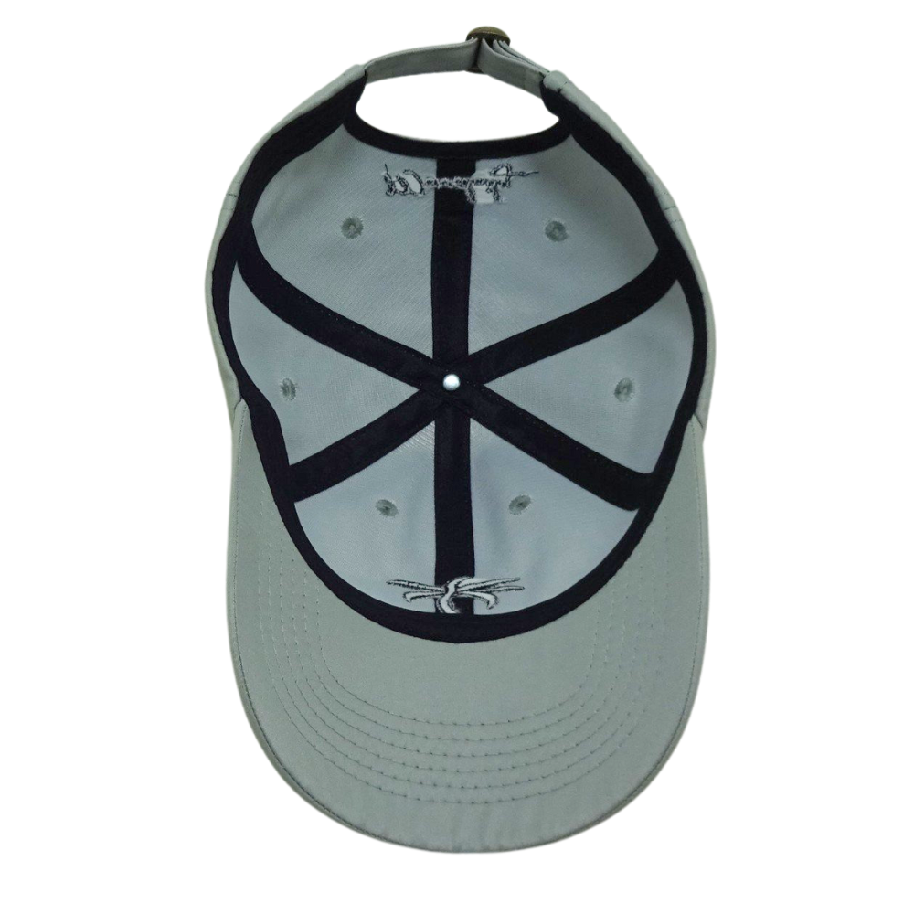 Wholesale 6 Panel Baseball Cap Custom Flat 2D Embroidered Coconut Tree on Front Side and Logo on Back Gray Color Mental Buckle 6