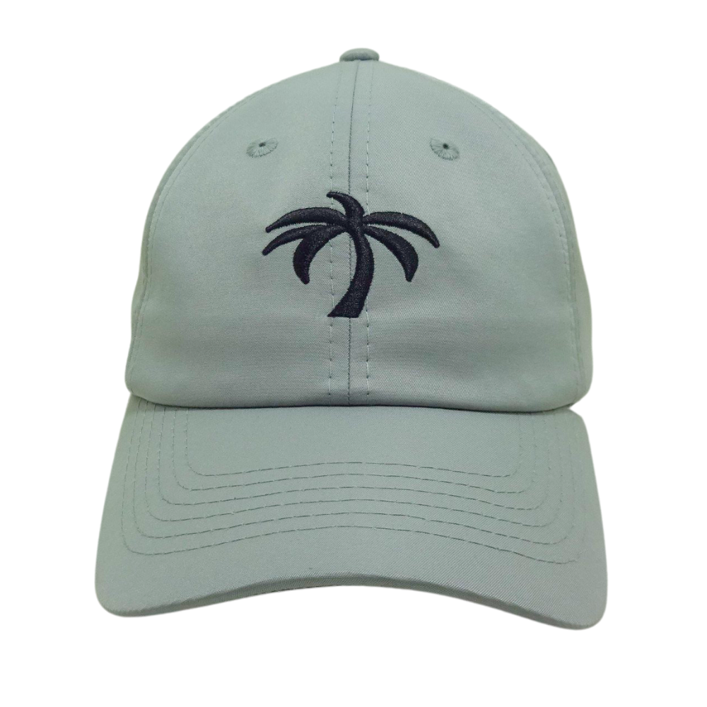 Wholesale 6 Panel Baseball Cap Custom Flat 2D Embroidered Coconut Tree on Front Side and Logo on Back Gray Color Mental Buckle