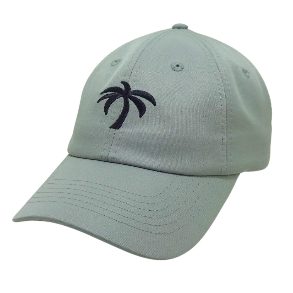 Wholesale 6 Panel Baseball Cap Custom Flat 2D Embroidered Coconut Tree on Front Side and Logo on Back Gray Color Mental Buckle 3