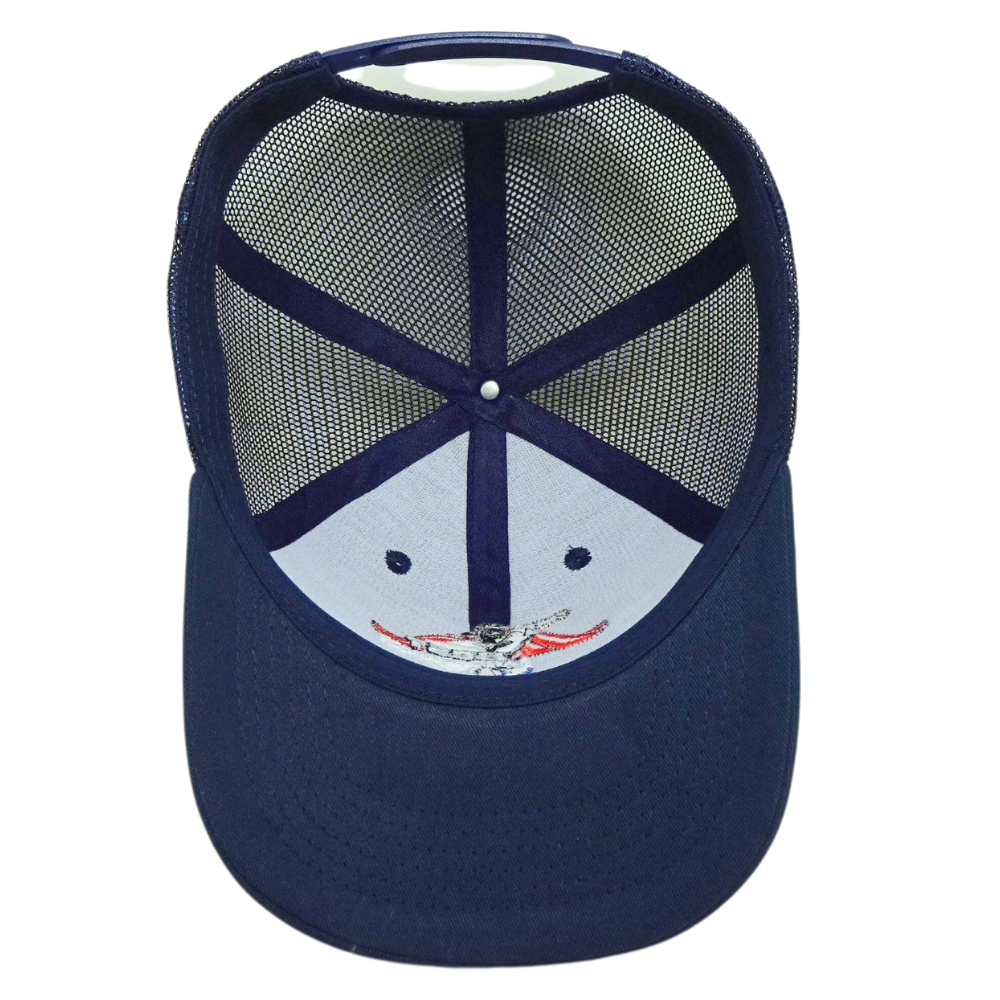 Wholesale 6 Panel Navy Blue Cartoon Character Pattern Trucker Hat Structured Cap Plastic Single Breasted Buckle High Quality OEM 6