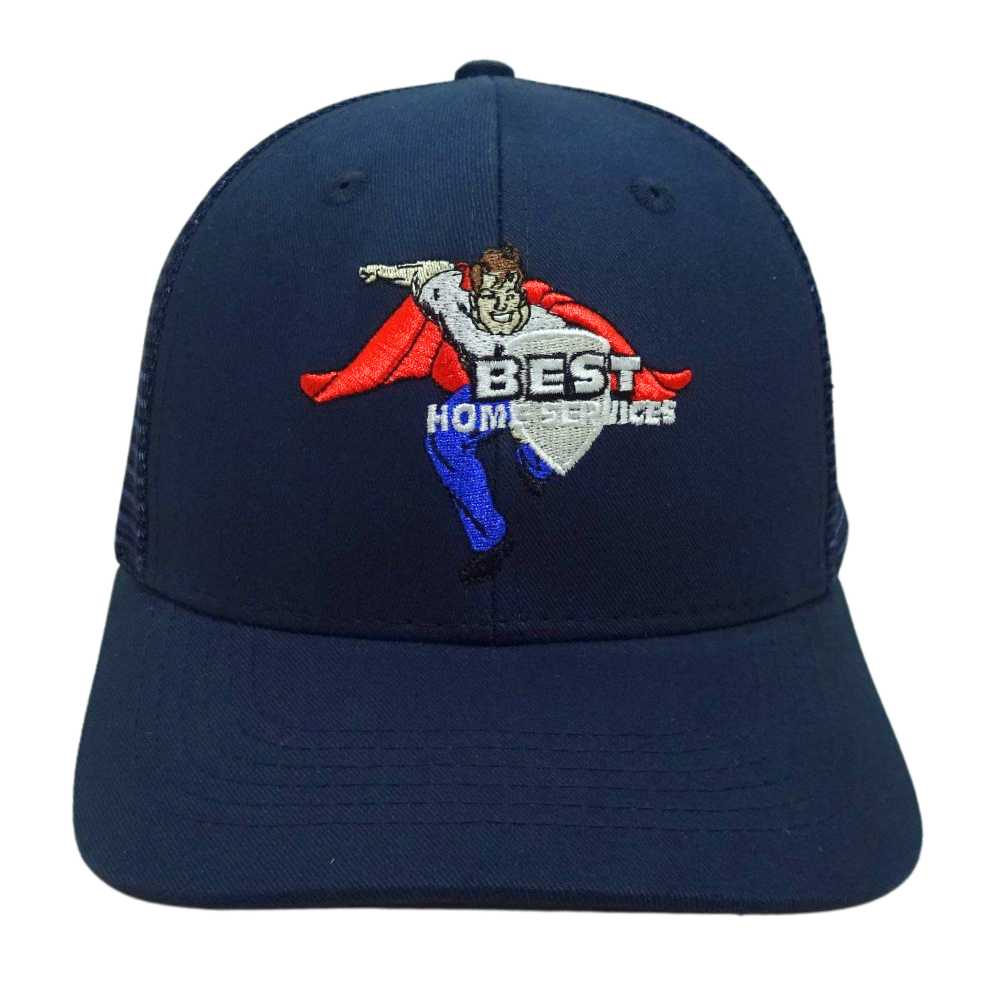Wholesale 6 Panel Navy Blue Cartoon Character Pattern Trucker Hat Structured Cap Plastic Single Breasted Buckle High Quality OEM 2
