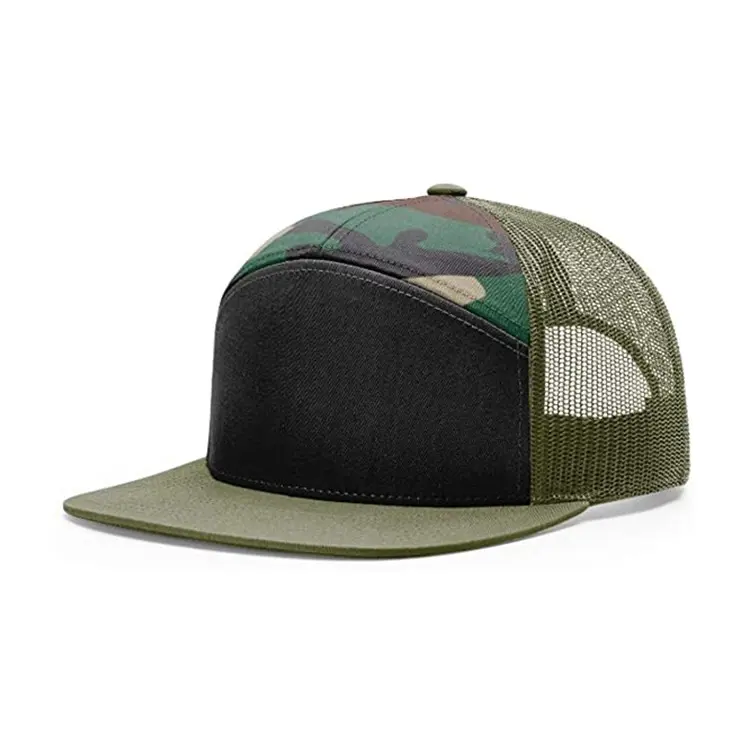 Wholesale 7-Panel Flat Brim Custom Logo High Quality Various Color Medium Profile Mesh Back Adjustable High Fashion Trucker Hat 1