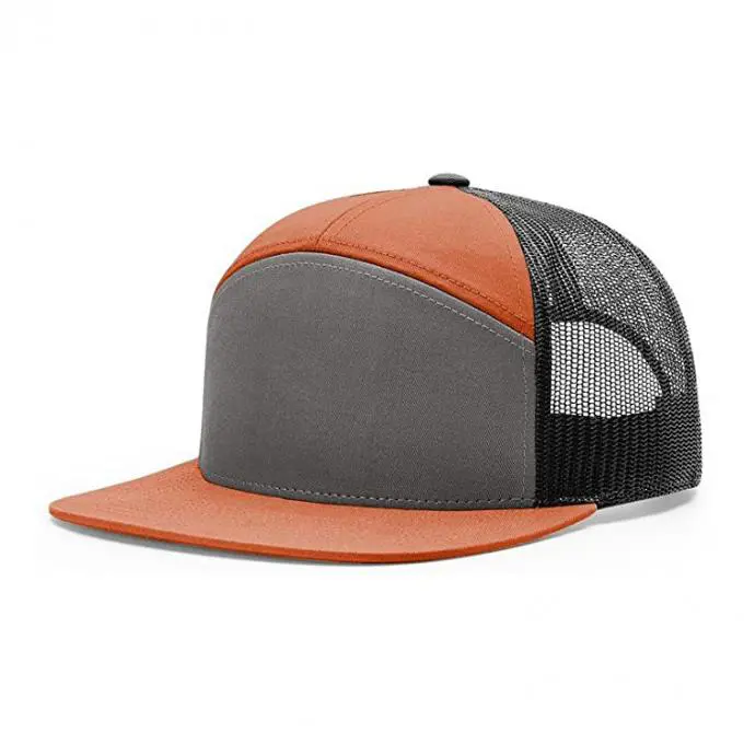Wholesale 7-Panel Flat Brim Custom Logo High Quality Various Color Medium Profile Mesh Back Adjustable High Fashion Trucker Hat 5