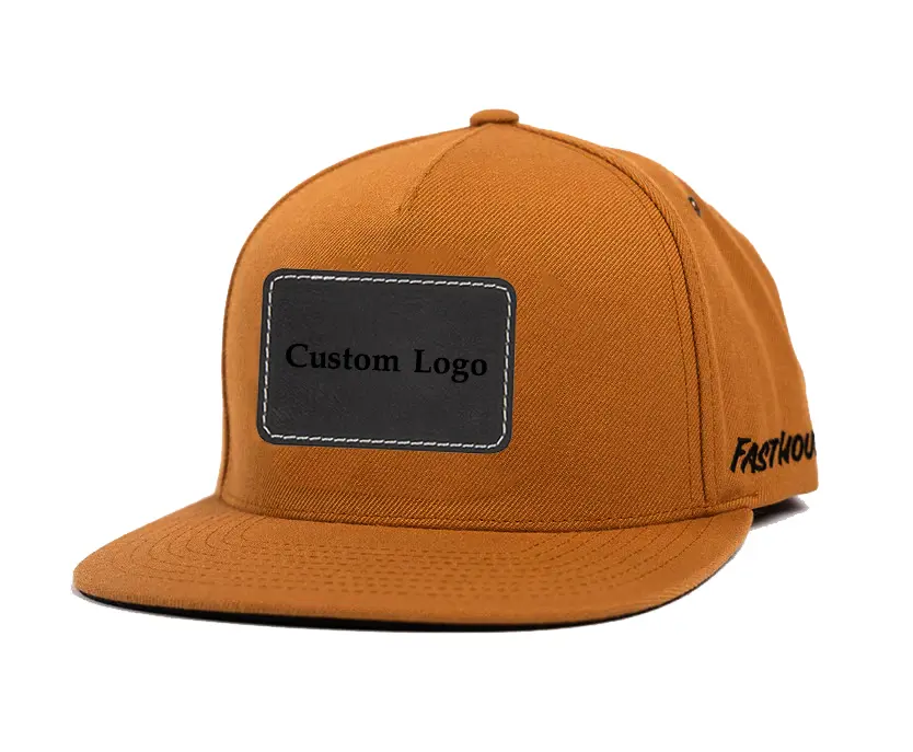 Wholesale Adjustable High Quality Custom Logo 100% Cotton 5 Panels Flat Brim Black and Buff Color High Profile Snapback Cap 1