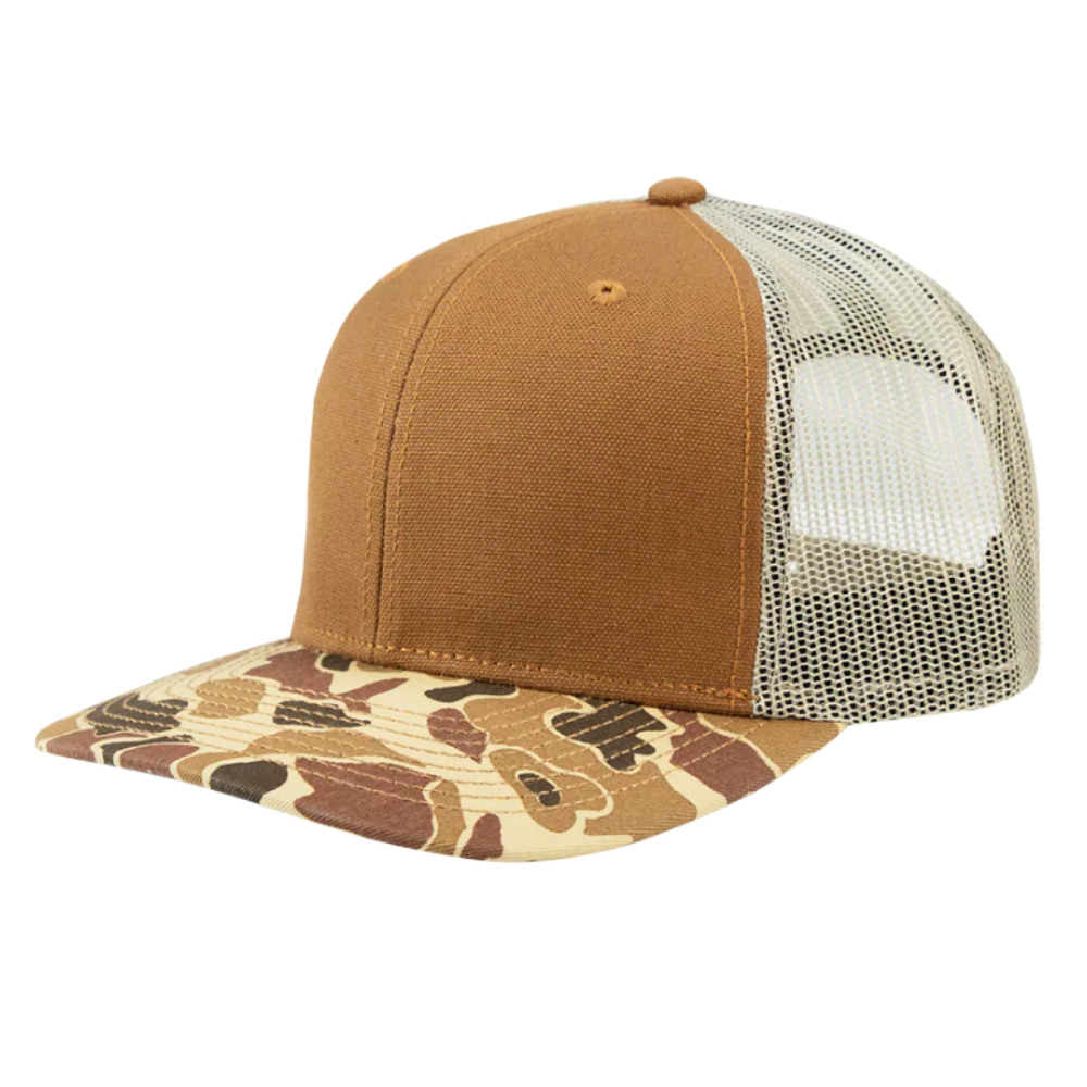 Wholesale Camel Camouflage Trucker Hat 6 Panel Structured Caps Embroidered Logo Patch on Front Tag on Snapback Closure Men Women 4