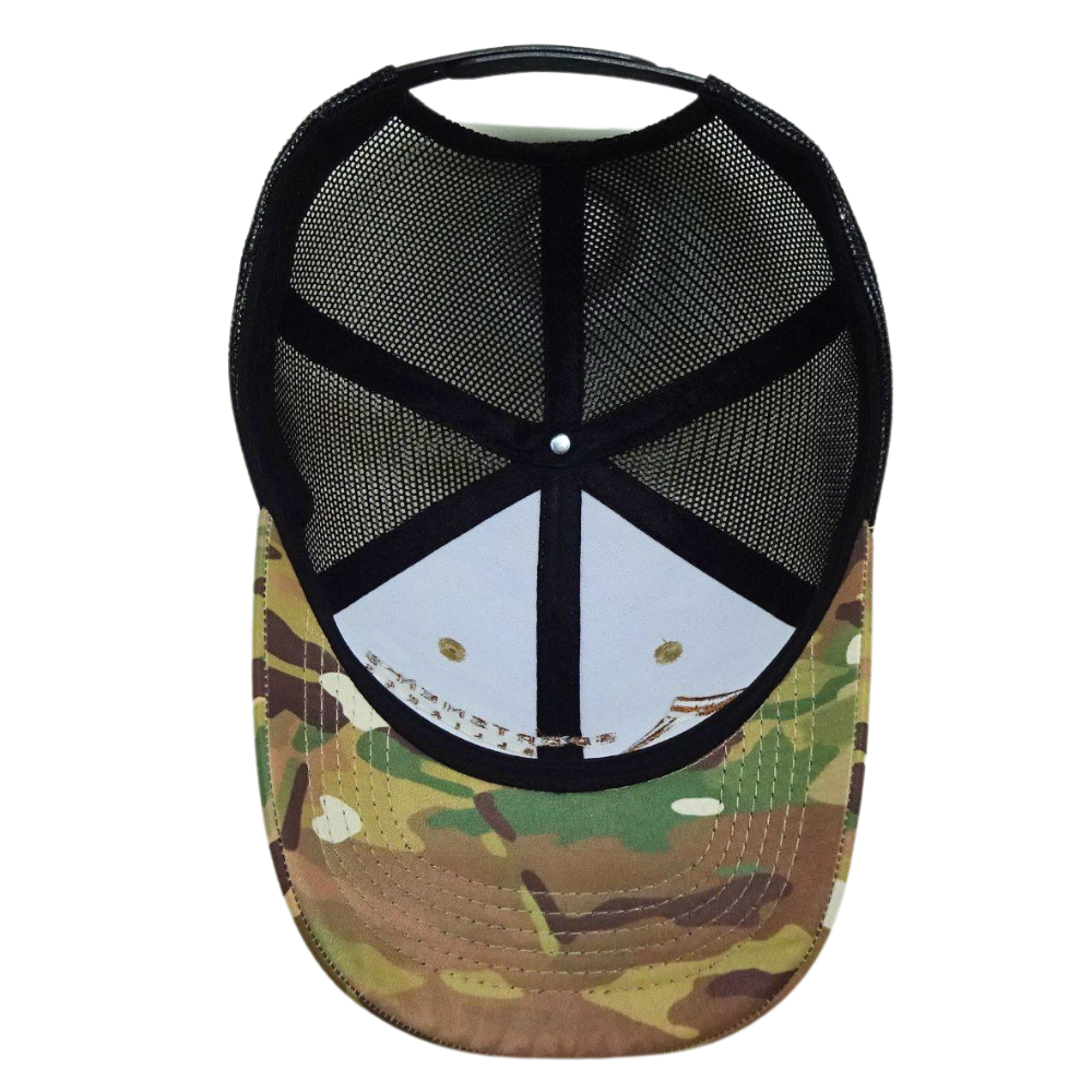 Wholesale Camouflage 6 Panel Trucker Hat 3D Embroidery Structured Curved Brim Contrast Stitching Line Single Breasted Buckle OEM 6