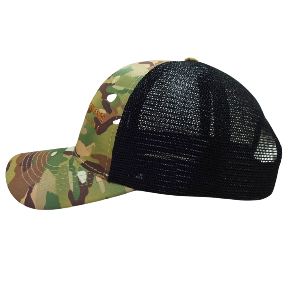Wholesale Camouflage 6 Panel Trucker Hat 3D Embroidery Structured Curved Brim Contrast Stitching Line Single Breasted Buckle OEM 4