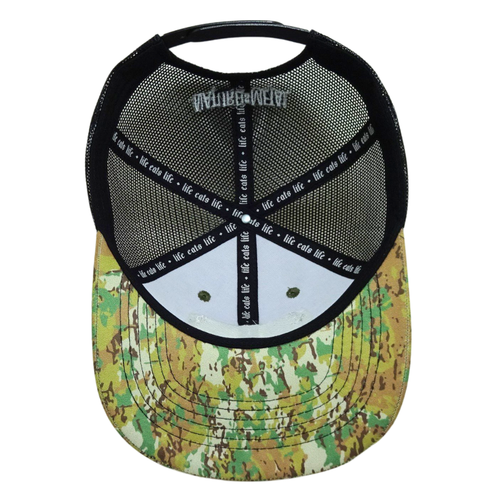 Wholesale Camouflage Leather Logo Patch 6 Panel Trucker Cap Black Mesh Contrast Stitching Thread Single Breasted Buckle All Ages 6
