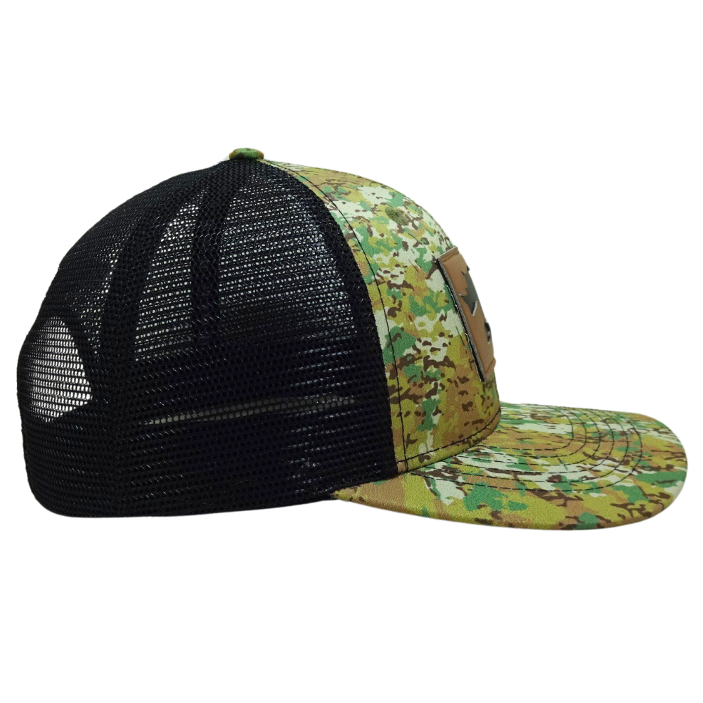 Wholesale Camouflage Leather Logo Patch 6 Panel Trucker Cap Black Mesh Contrast Stitching Thread Single Breasted Buckle All Ages 5