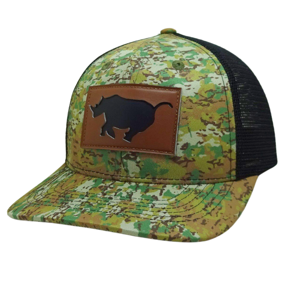 Wholesale Camouflage Leather Logo Patch 6 Panel Trucker Cap Black Mesh Contrast Stitching Thread Single Breasted Buckle All Ages 3