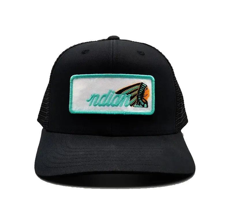 Wholesale Caps Hats Woven Patch Logo 6-Panel Curved Brim High Quality Black Color Medium Profile Trucker Hats Snapback Cap 1
