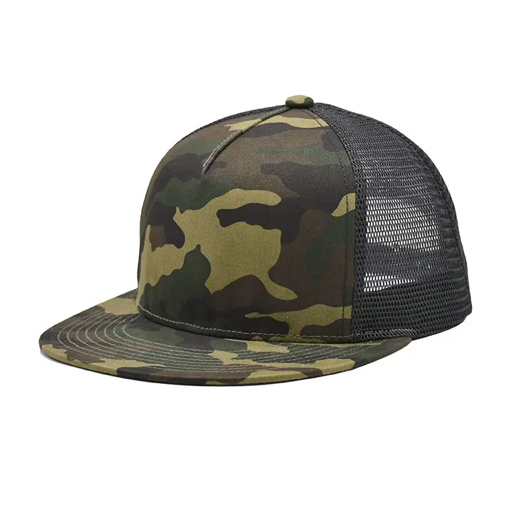 Wholesale Custom logo 5-Panel Outdoor Camouflage Sport Flat Brim High Quality Medium Profile Cotton and Mesh Fabric Trucker Hats 1