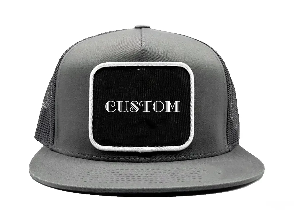 Wholesale Custom Logo Trucker Hat 5-Panel Flat Brim High Quality Grey Color High Profile Adjustable Mesh Back Cap Trucker Hat 1