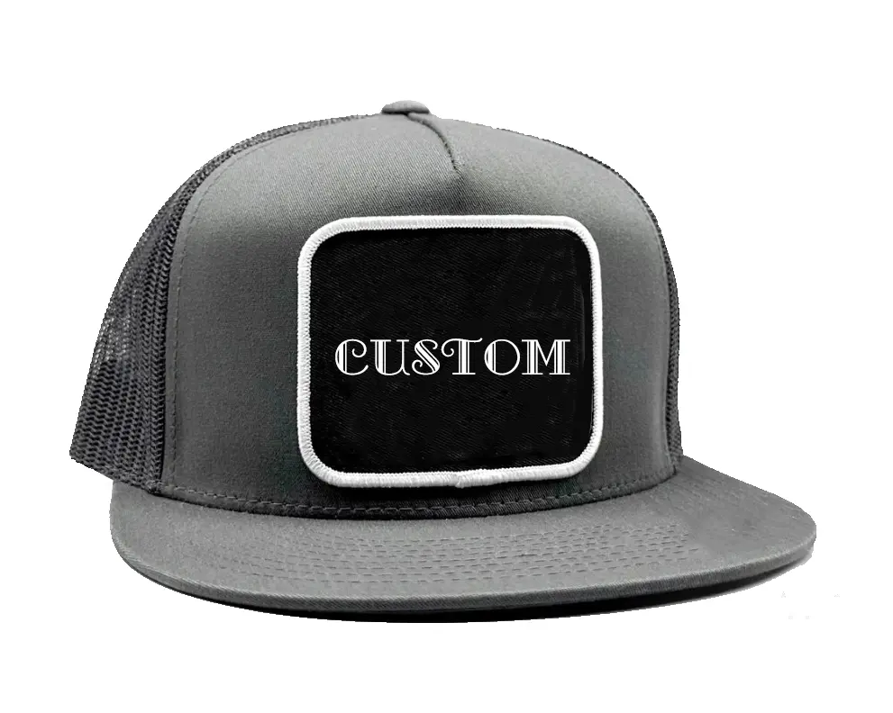 Wholesale Custom Logo Trucker Hat 5-Panel Flat Brim High Quality Grey Color High Profile Adjustable Mesh Back Cap Trucker Hat 2