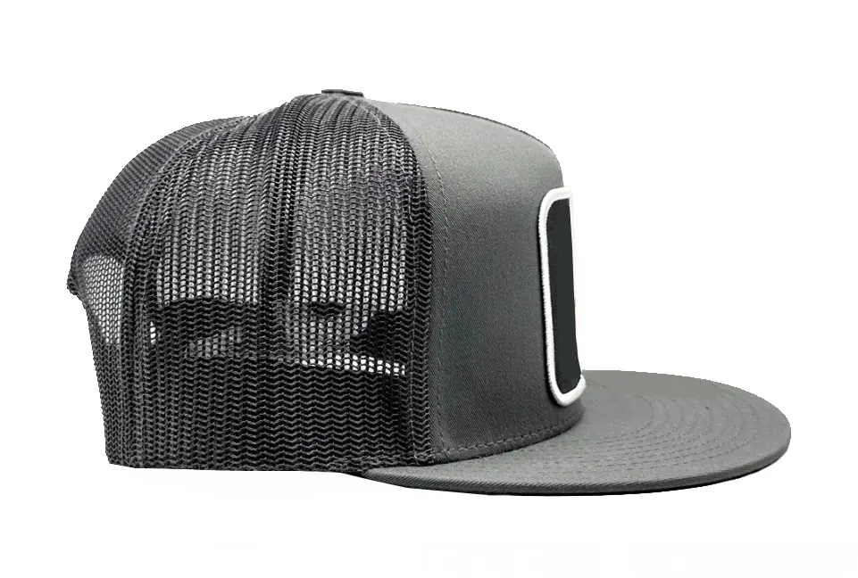 Wholesale Custom Logo Trucker Hat 5-Panel Flat Brim High Quality Grey Color High Profile Adjustable Mesh Back Cap Trucker Hat 4