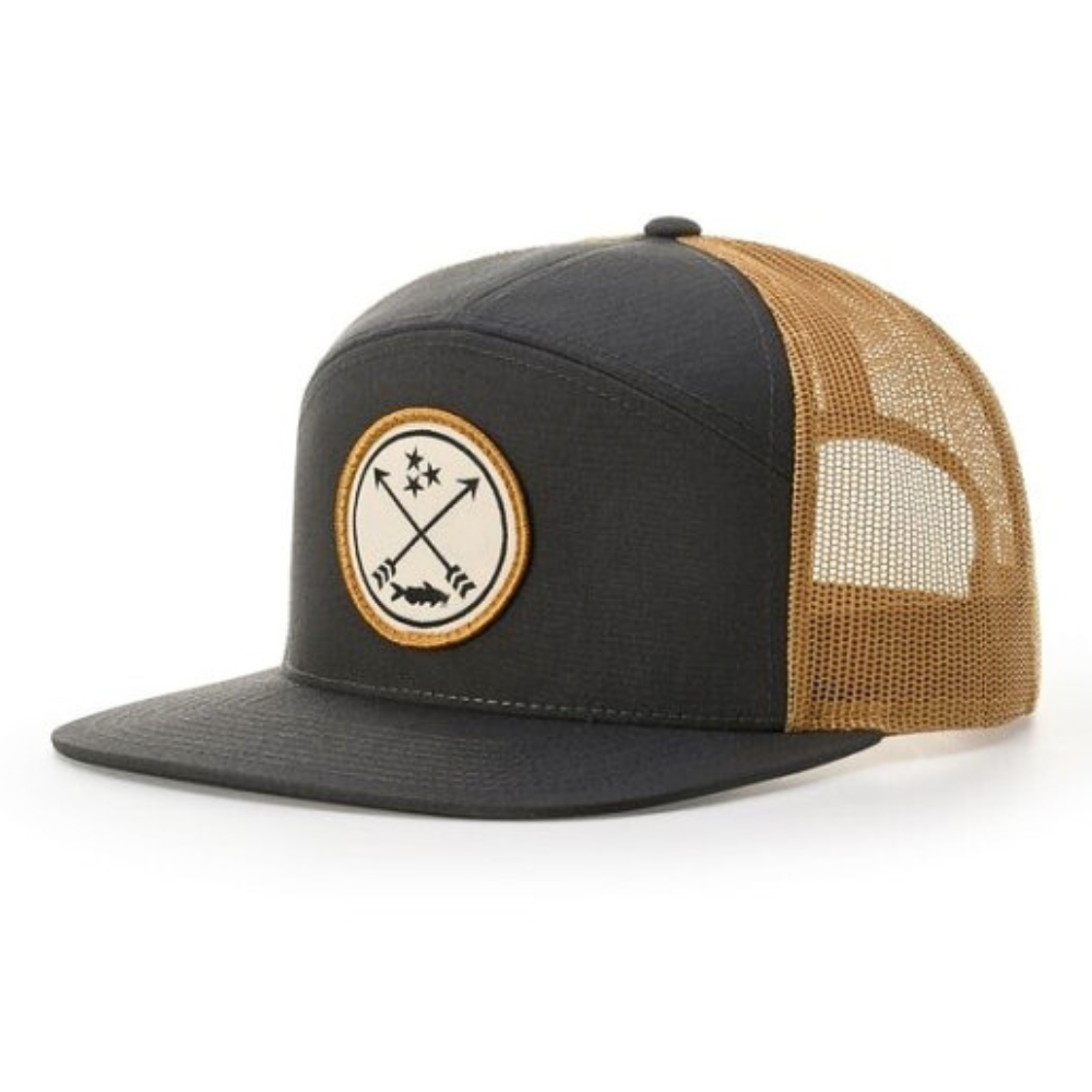 Wholesale Custom Ri 168 7 Panel Woven Logo Patch Black Caramel Single Breasted Buckle Flat Brim Structured Caps High Quality OEM 2