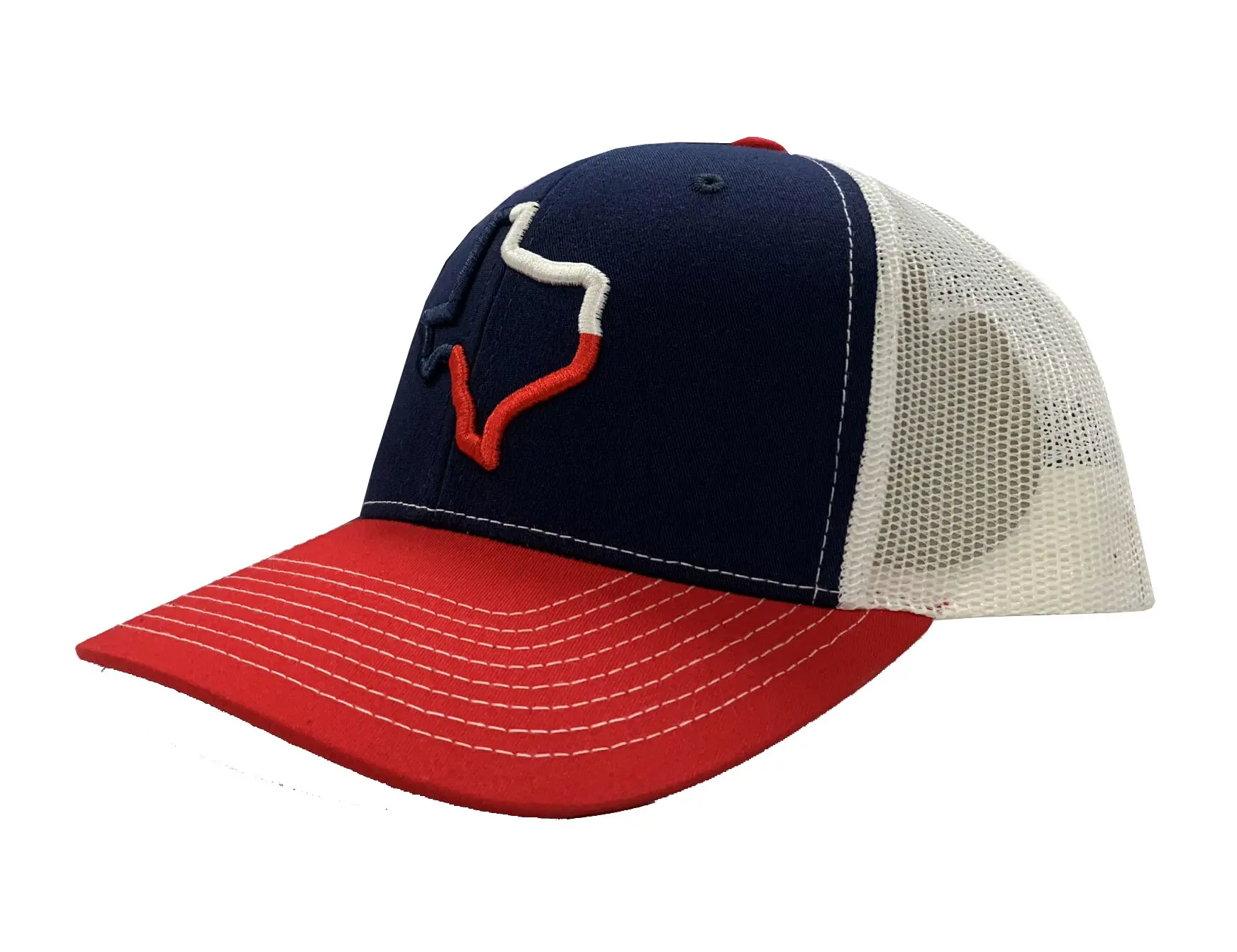 Wholesale Custom Trucker Hat 6-Panel Navy Blue/Red Color 65% Cotton 35% Polyester and Mesh Fabric Snapback Cap 2