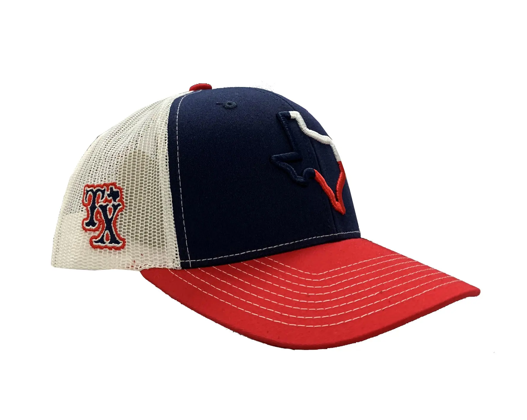 Wholesale Custom Trucker Hat 6-Panel Navy Blue/Red Color 65% Cotton 35% Polyester and Mesh Fabric Snapback Cap 3