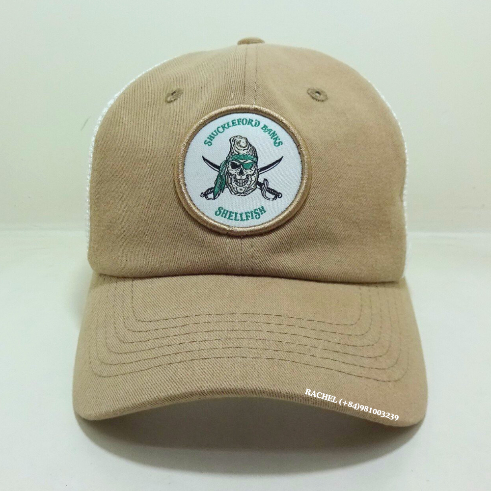 Wholesale Embroidery Custom Logo Baseball Trucker Caps Hats 6 Panel Light Brown White Mesh Eyelet on Front Side for All Ages 1