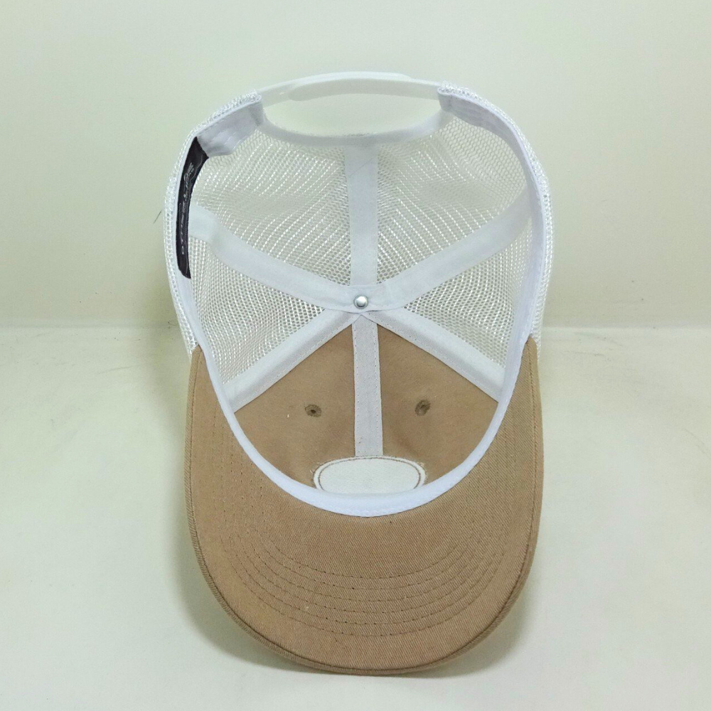 Wholesale Embroidery Custom Logo Baseball Trucker Caps Hats 6 Panel Light Brown White Mesh Eyelet on Front Side for All Ages 5