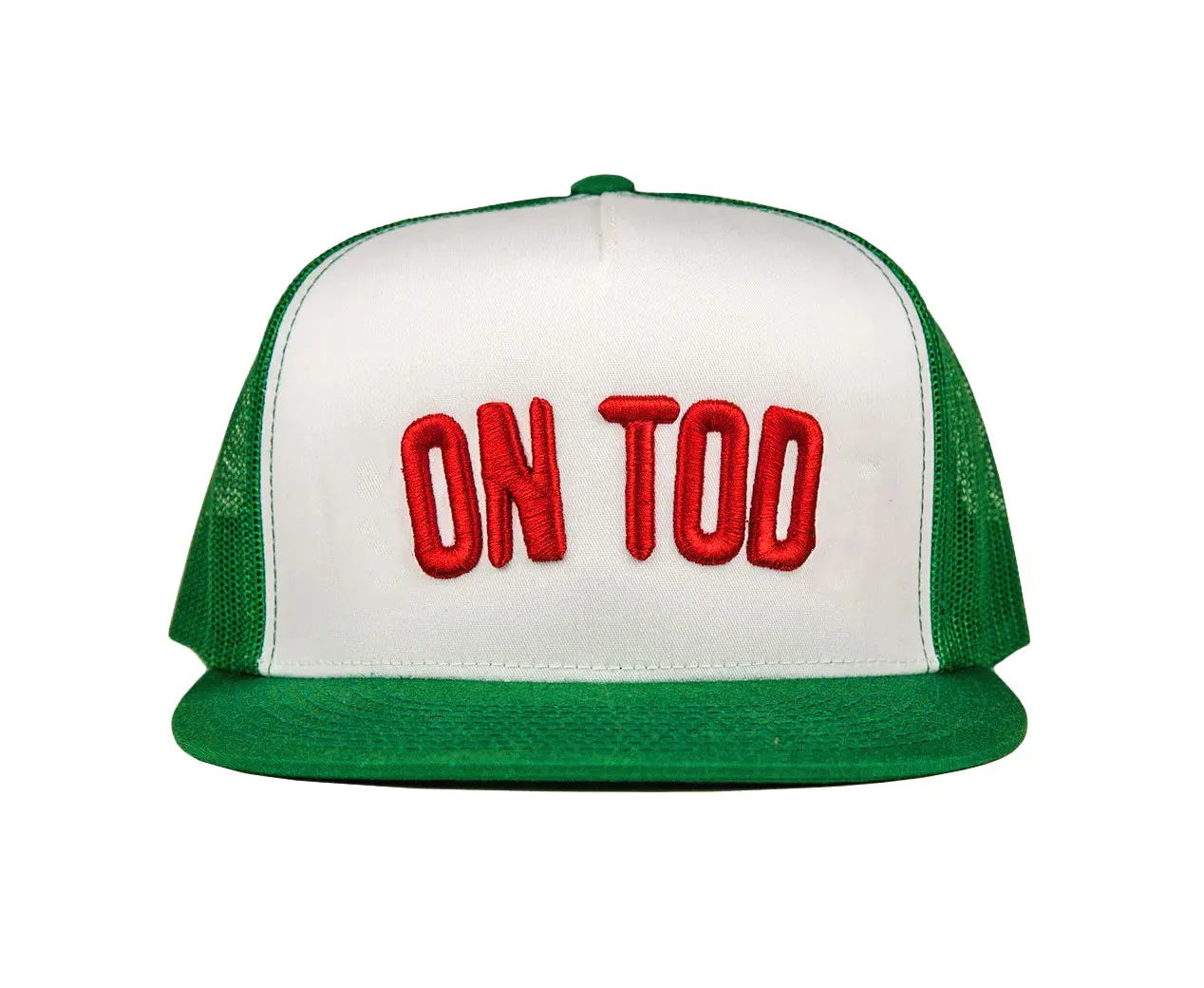 Wholesale Flat Cap High Quality White/Green Color Hiphop Outdoor Mesh Back Custom Logo Promotional Sports Cap Trucker Hat 1