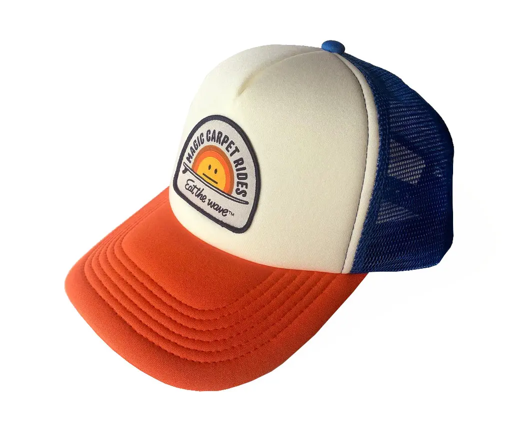 Wholesale Foam Trucker Hat Woven Patch Logo 5-Panel Curved Brim High Quality Beige/Orange Color Medium Profile Trucker Hat 2