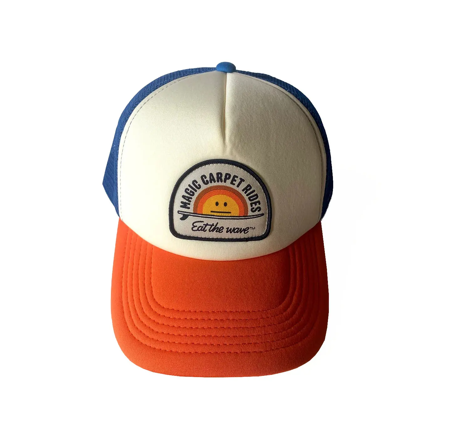 Wholesale Foam Trucker Hat Woven Patch Logo 5-Panel Curved Brim High Quality Beige/Orange Color Medium Profile Trucker Hat 1