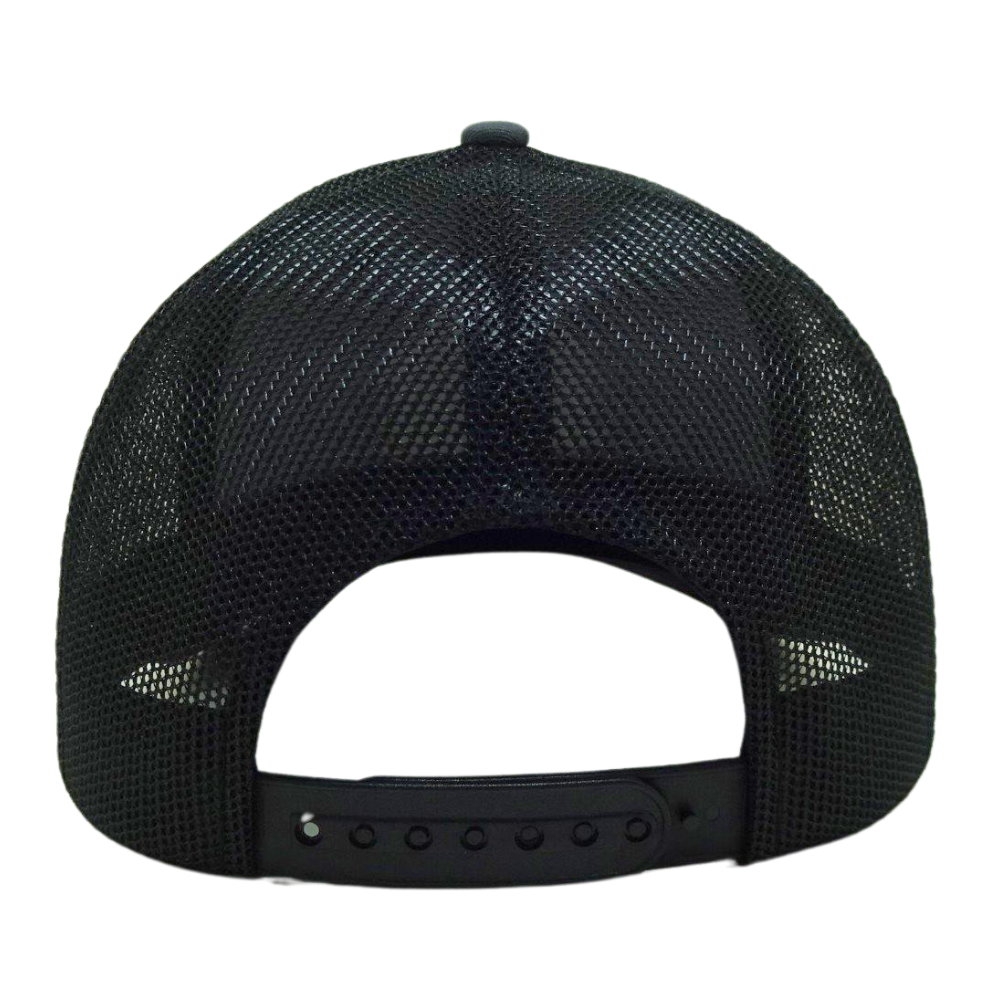 Wholesale Gray Black 6 Panel Trucker Hat Leather Logo Patch Custom Your Own Logo on Left Side Flat Brim Single Breasted Buckle 7