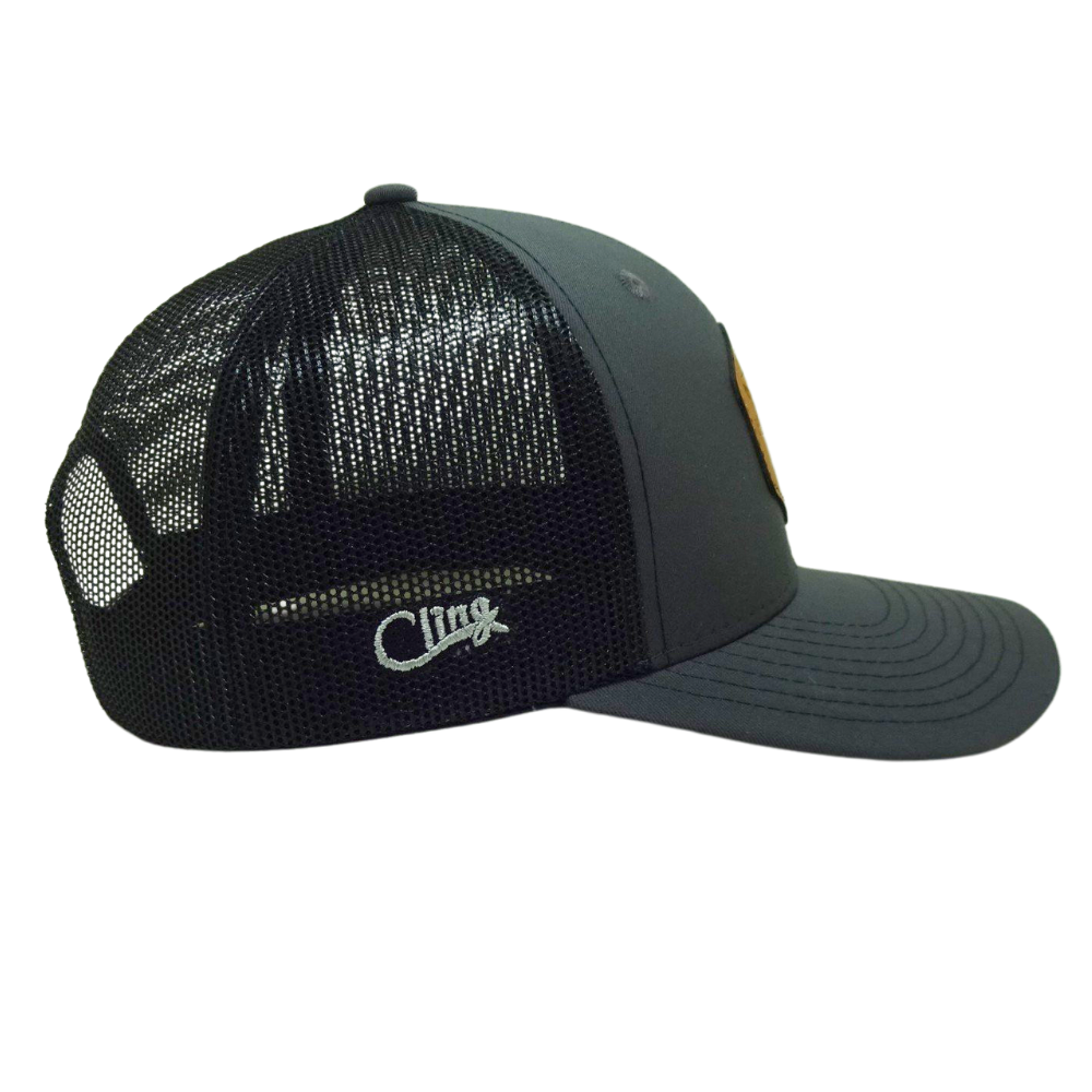 Wholesale Gray Black 6 Panel Trucker Hat Leather Logo Patch Custom Your Own Logo on Left Side Flat Brim Single Breasted Buckle 5