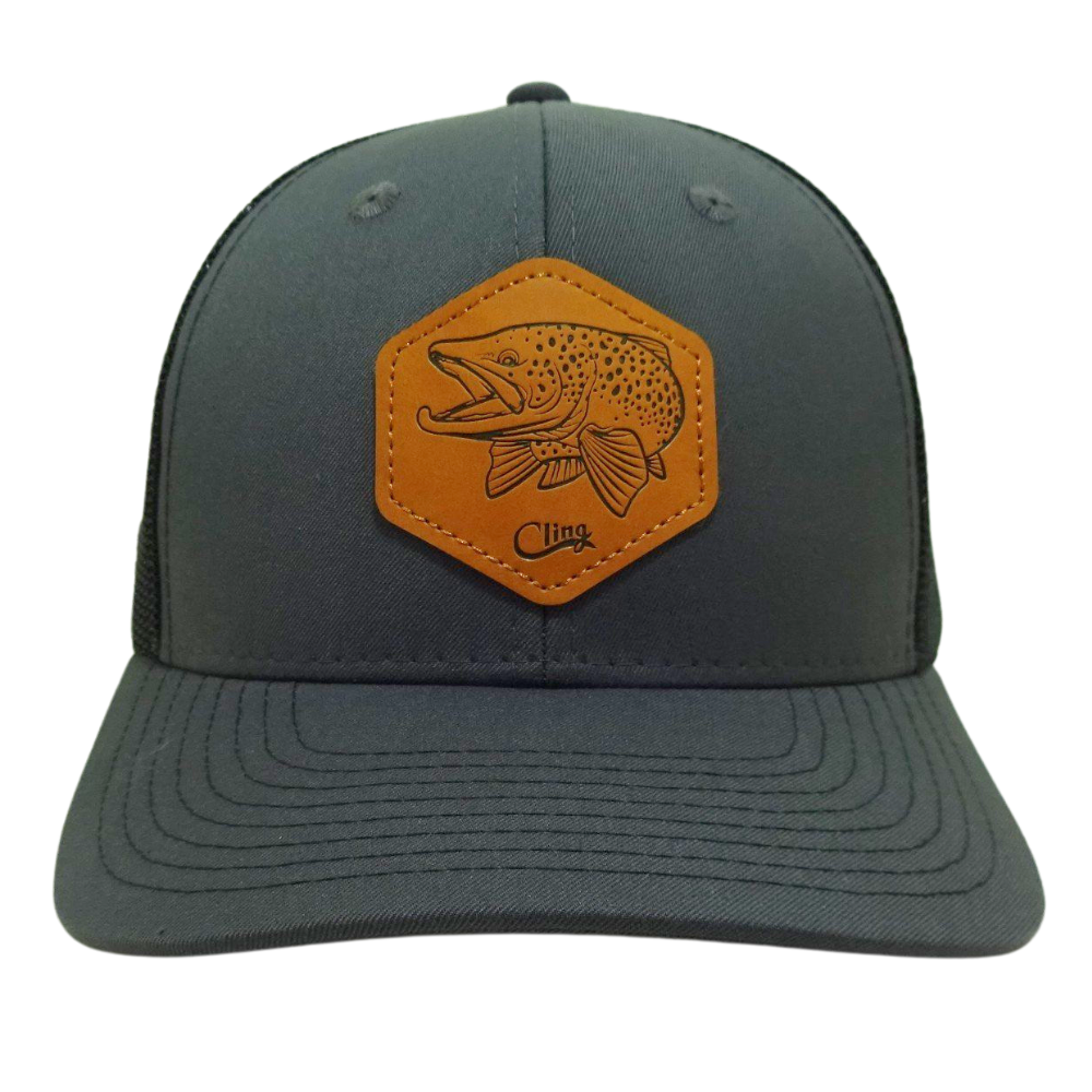Wholesale Gray Black 6 Panel Trucker Hat Leather Logo Patch Custom Your Own Logo on Left Side Flat Brim Single Breasted Buckle 2