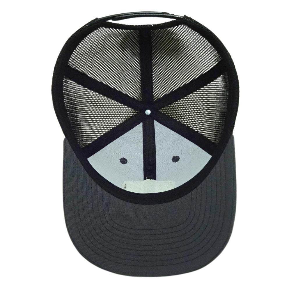 Wholesale Gray Black 6 Panel Trucker Hat Leather Logo Patch Custom Your Own Logo on Left Side Flat Brim Single Breasted Buckle 6