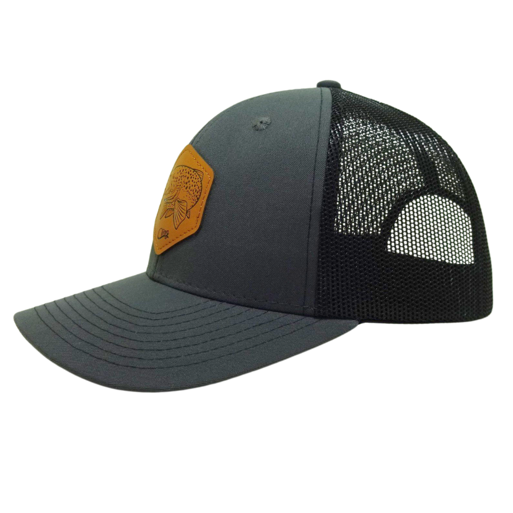 Wholesale Gray Black 6 Panel Trucker Hat Leather Logo Patch Custom Your Own Logo on Left Side Flat Brim Single Breasted Buckle 3