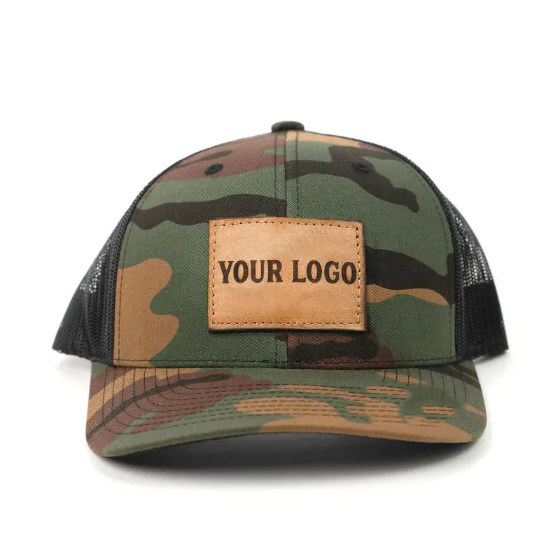 Wholesale High Quality Camo Trucker Hat Custom Logo Fisherman Promotional Sports Cap Mesh Back Plastic Buckle Snapback Cap 1