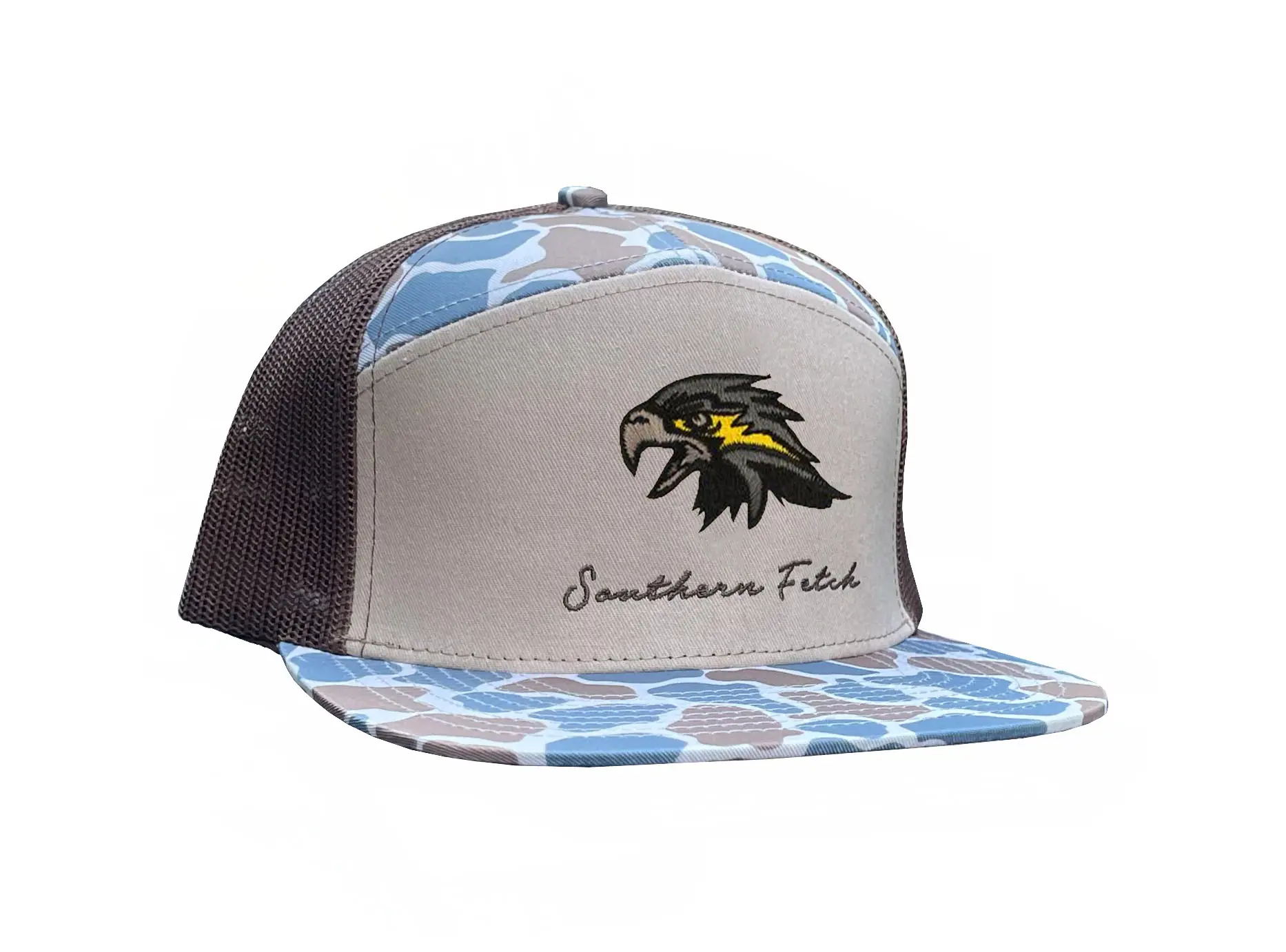 Wholesale Hiphop 7 Panel Flat Visor Trucker Hat Custom Logo High Quality Mix Camo Mesh Back Adjustable Trucker Cap for Man Women 2