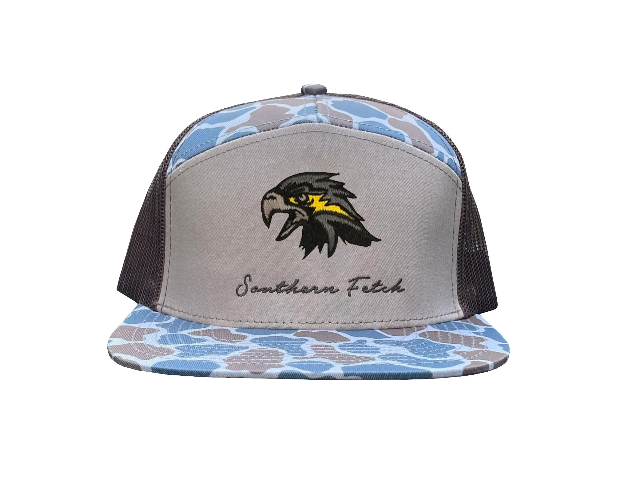 Wholesale Hiphop 7 Panel Flat Visor Trucker Hat Custom Logo High Quality Mix Camo Mesh Back Adjustable Trucker Cap for Man Women 1