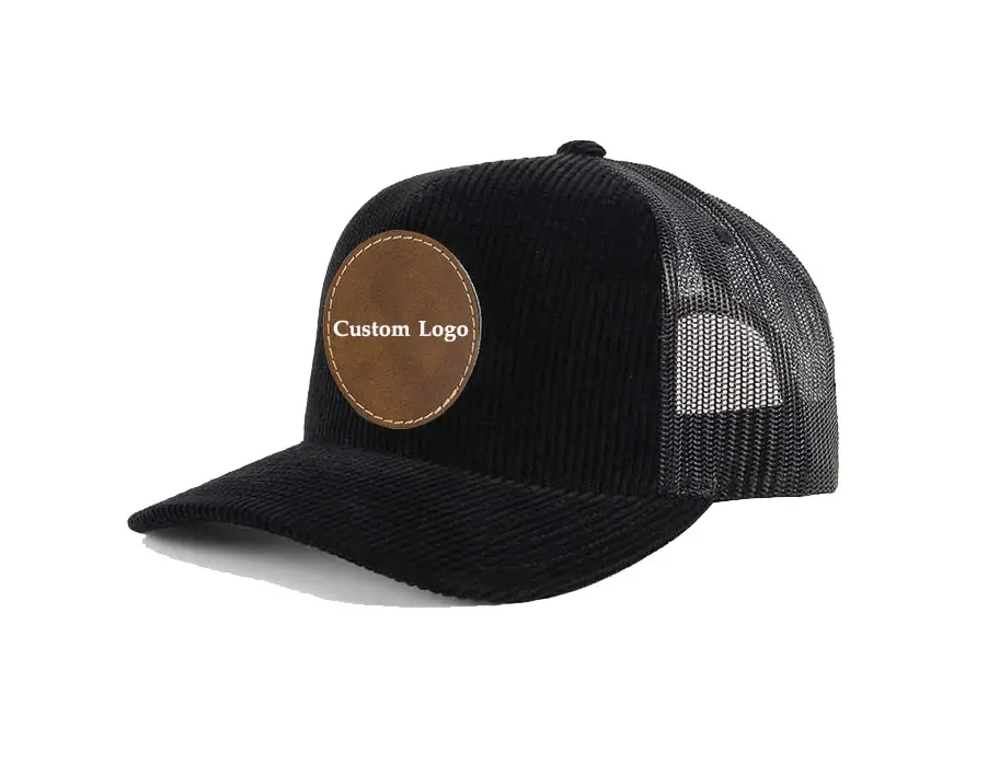 Wholesale Products Custom Logo High Quality Trucker Hat 5-Panel Flat Brim Black Color High Profile Corduroy Trucker Hat 1