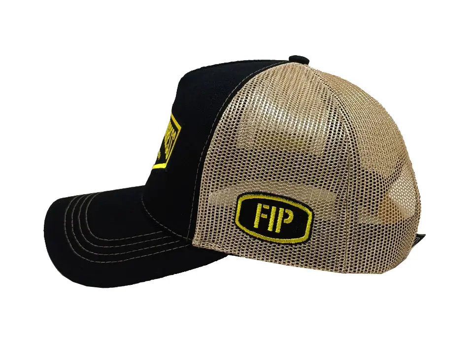 Woven Patch logo 5-Panel Curved Brim High Quality Black Color Medium Profile 65% Cotton and 35% Polyester Fabric Trucker Hat 3