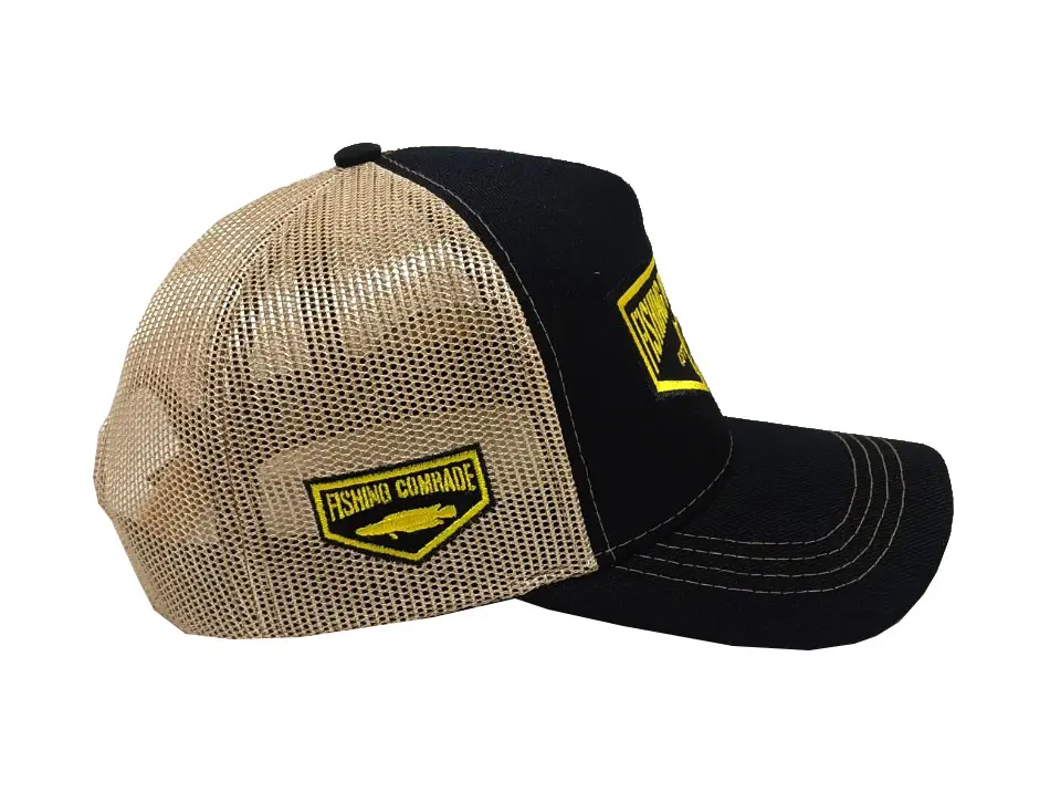 Woven Patch logo 5-Panel Curved Brim High Quality Black Color Medium Profile 65% Cotton and 35% Polyester Fabric Trucker Hat 4