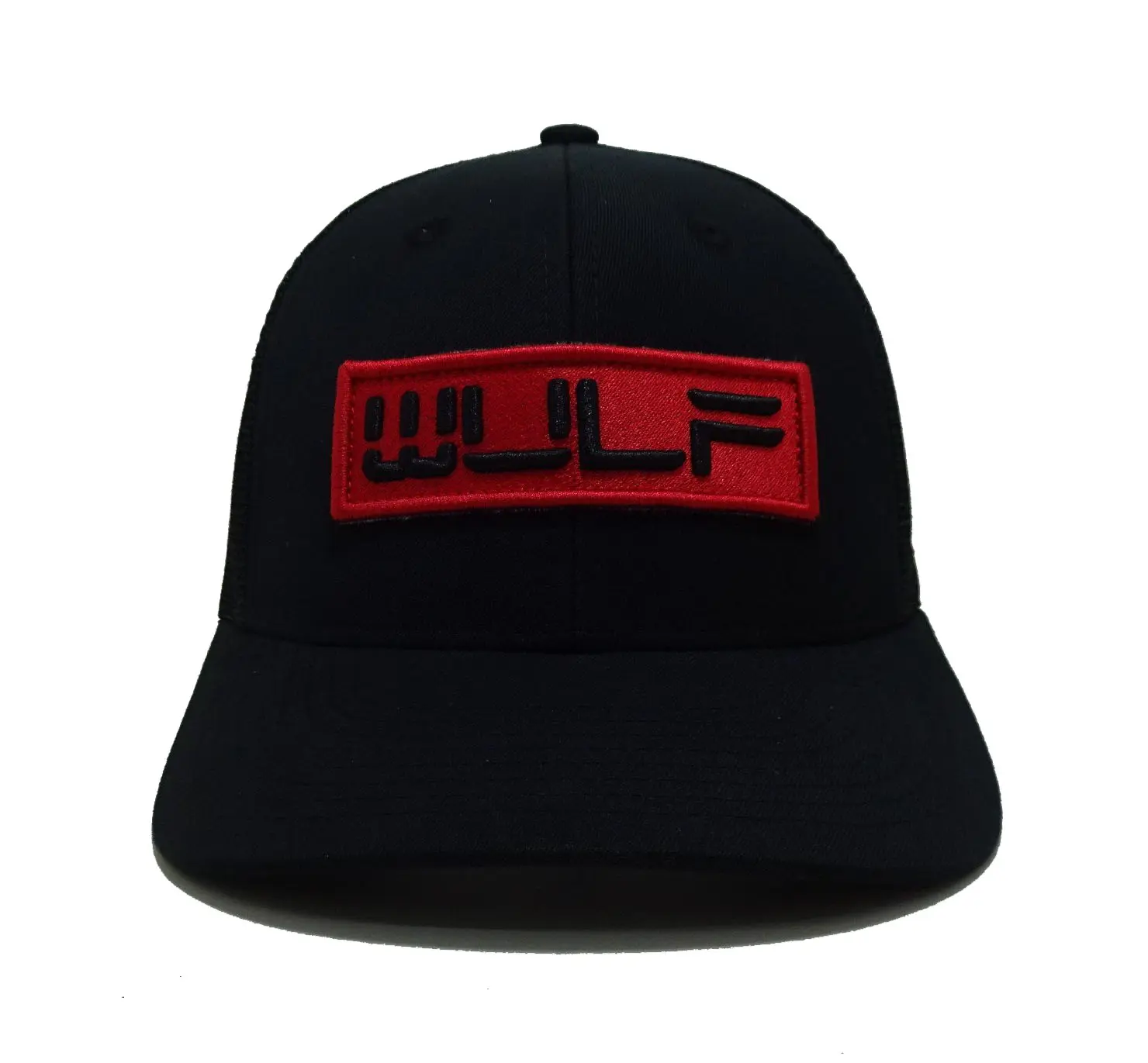 Woven Patch Logo 6-Panel Curved Brim High Quality Black Color Medium Profile Adjustable Cotton and Mesh Fabric Trucker Hat 1