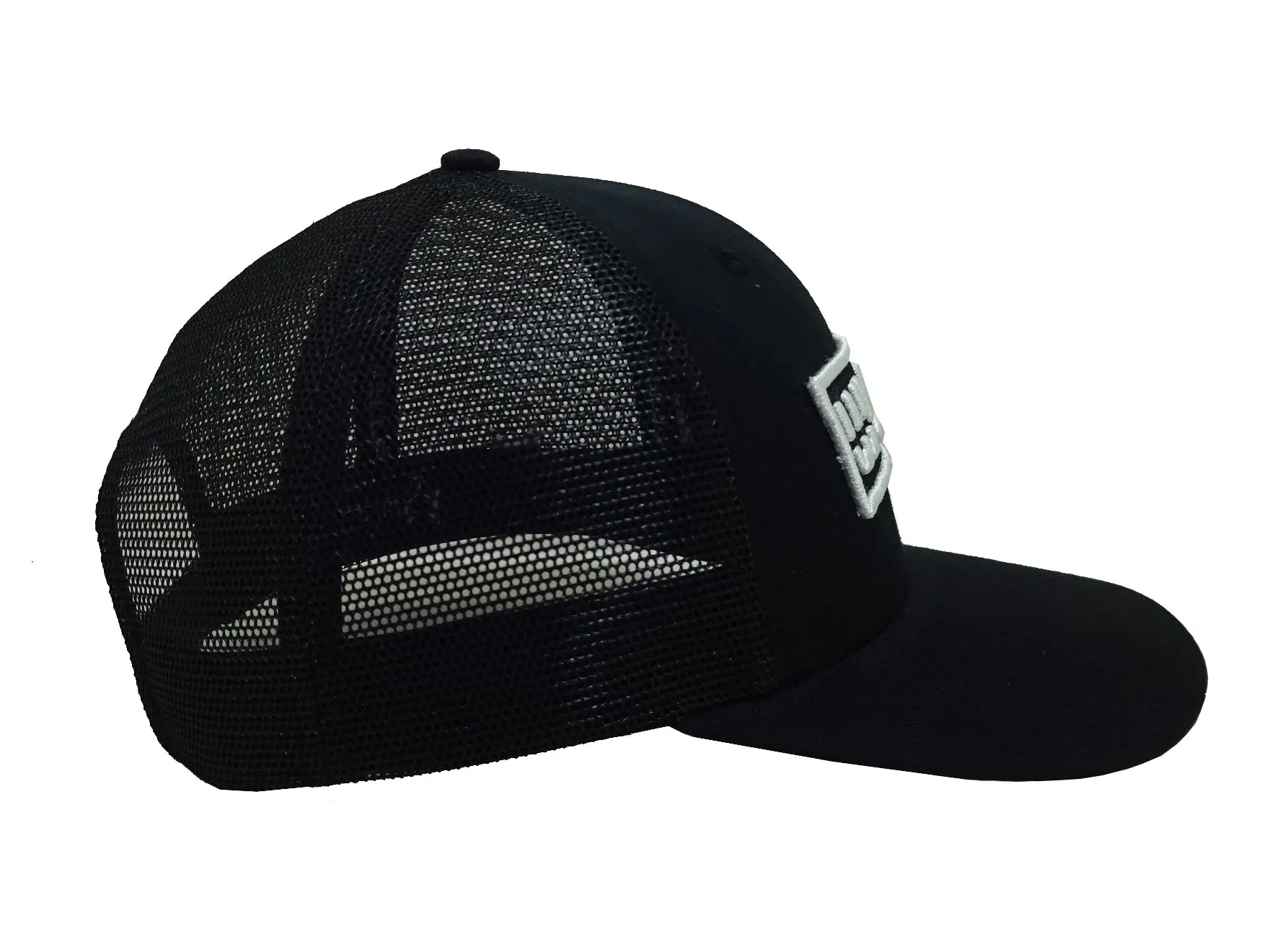 Woven Patch Logo 6-Panel Curved Brim High Quality Black Color Medium Profile Adjustable Cotton and Mesh Fabric Trucker Hat 5