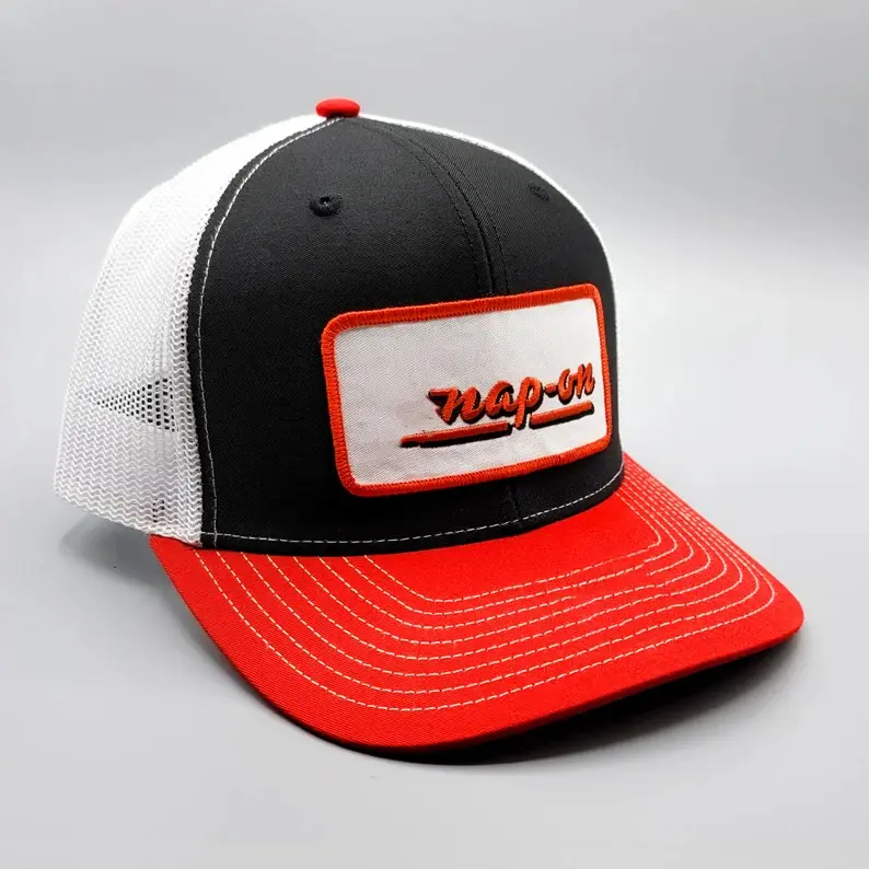 Woven Patch Logo 6-Panel Curved Brim High Quality Structured Medium Profile Cotton and Mesh Fabric Snapback Cap Trucker Hats 3