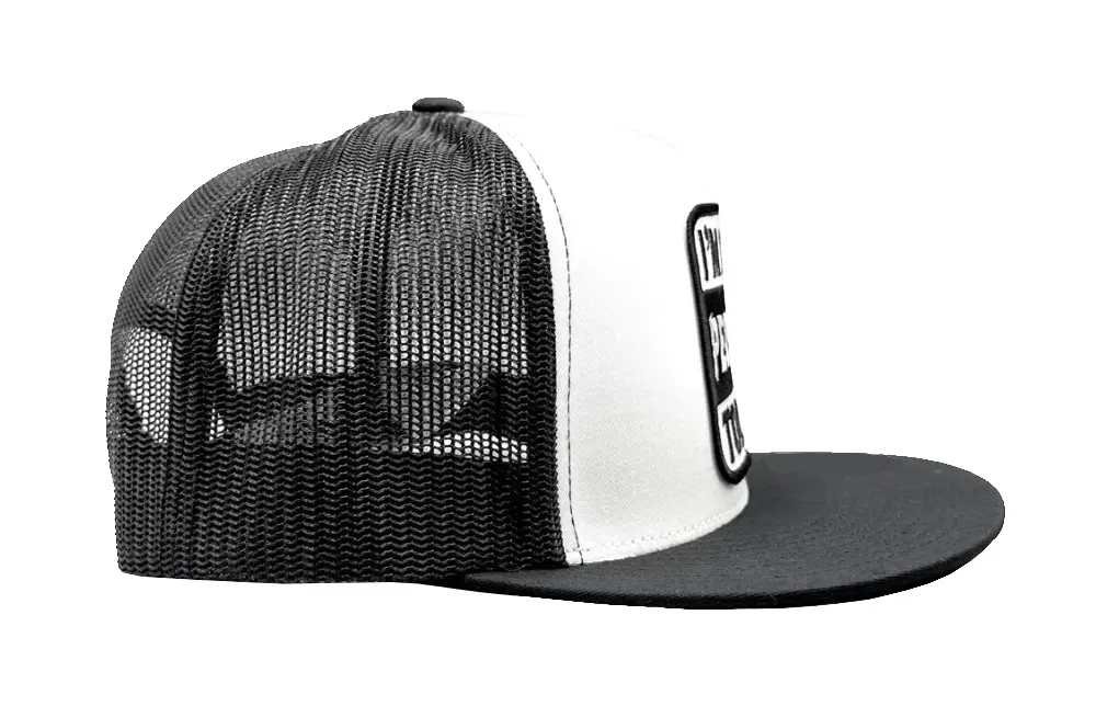 Woven Patch Logo Flat Brim Wholesale Products Trucker Hats 5-Panel High Quality White/Black Color Adjustable Trucker Hat 4