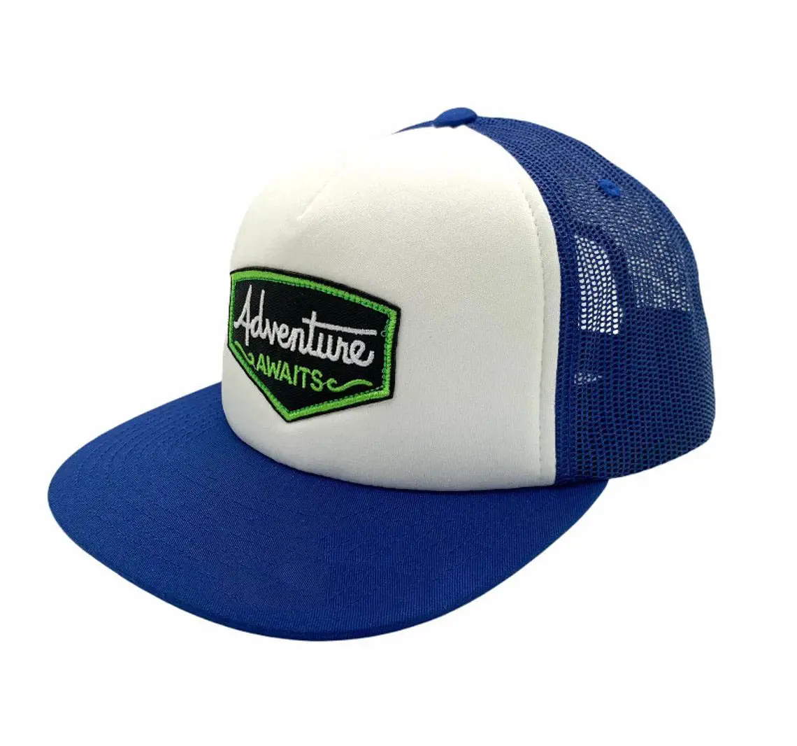 Woven Patch logo Foam Trucker Hat for Men and Women 5-Panel Flat Brim High Quality White/Blue Color Medium Profile Mesh Fabric 2
