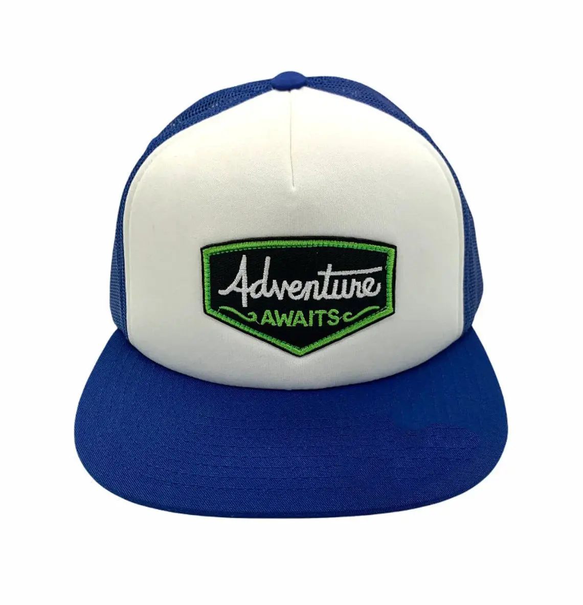 Woven Patch logo Foam Trucker Hat for Men and Women 5-Panel Flat Brim High Quality White/Blue Color Medium Profile Mesh Fabric 1
