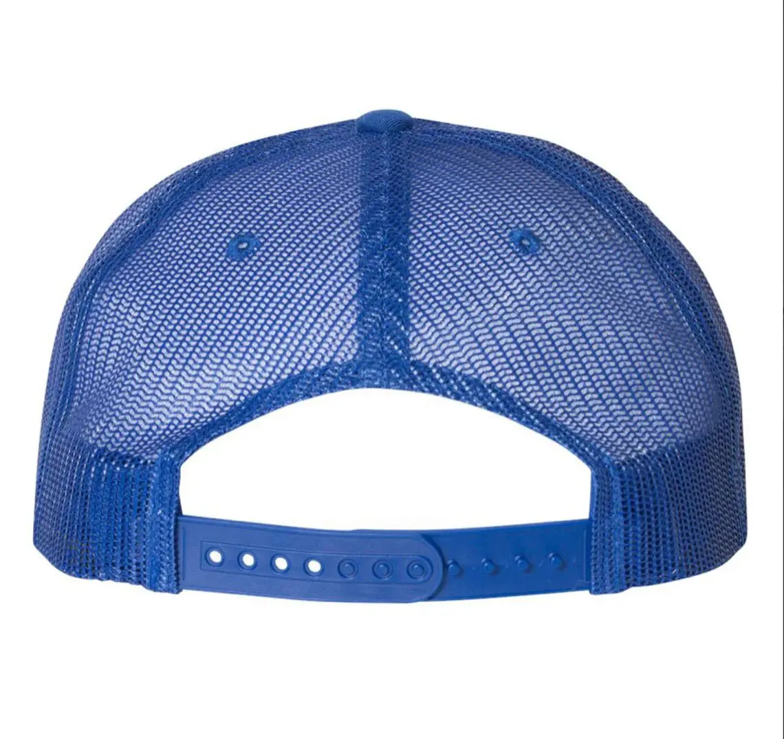 Woven Patch logo Foam Trucker Hat for Men and Women 5-Panel Flat Brim High Quality White/Blue Color Medium Profile Mesh Fabric 3