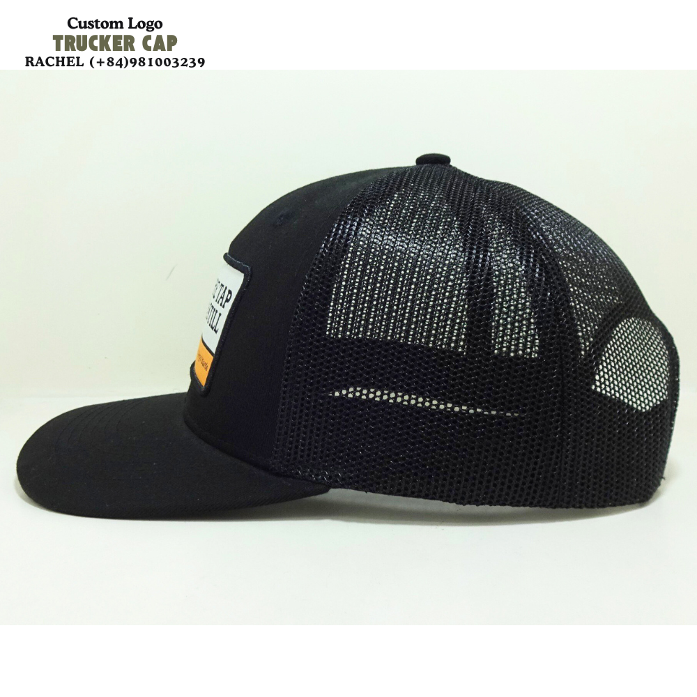 Woven Patches Trucker Hats 6 Panel Structured Gorras Black Breathable Mesh Adjustable Snapback Closure Cap For All Occasions OEM 3