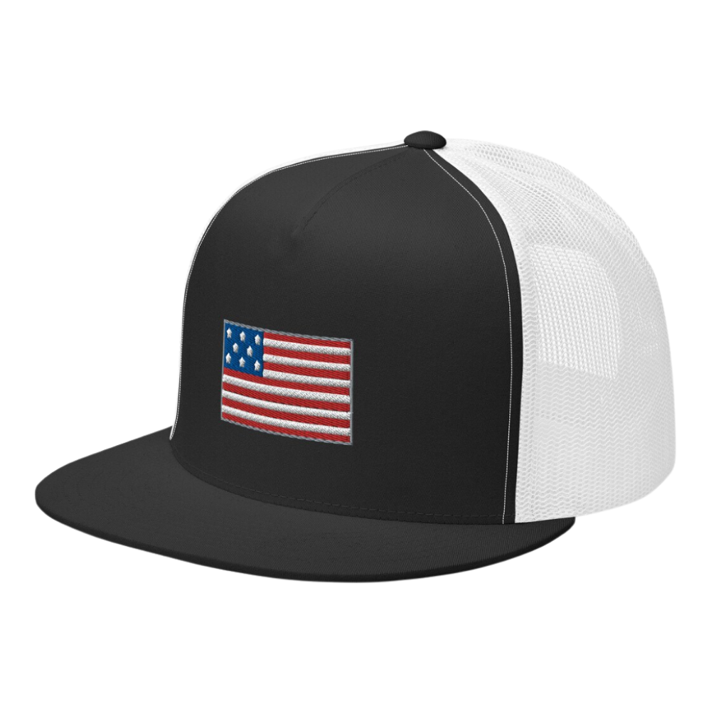 Y 6006 5 Panel Flat Bill Trucker Hat Embroidered American Flag Custom Color Breathable Mesh Adjustable Snapback Closure Unisex 5